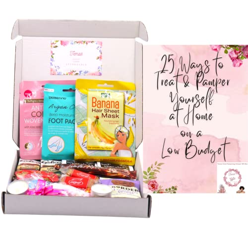 Pampering Treat Gift Box Hamper |Hot chocolate, Biscuits, Hair Sheet, Collagen Face mask, Foot Pack, Candles, Wafers, Chocolate & Marshmallow| Birthdays, Congratulations, Proud of You, Thinking of You