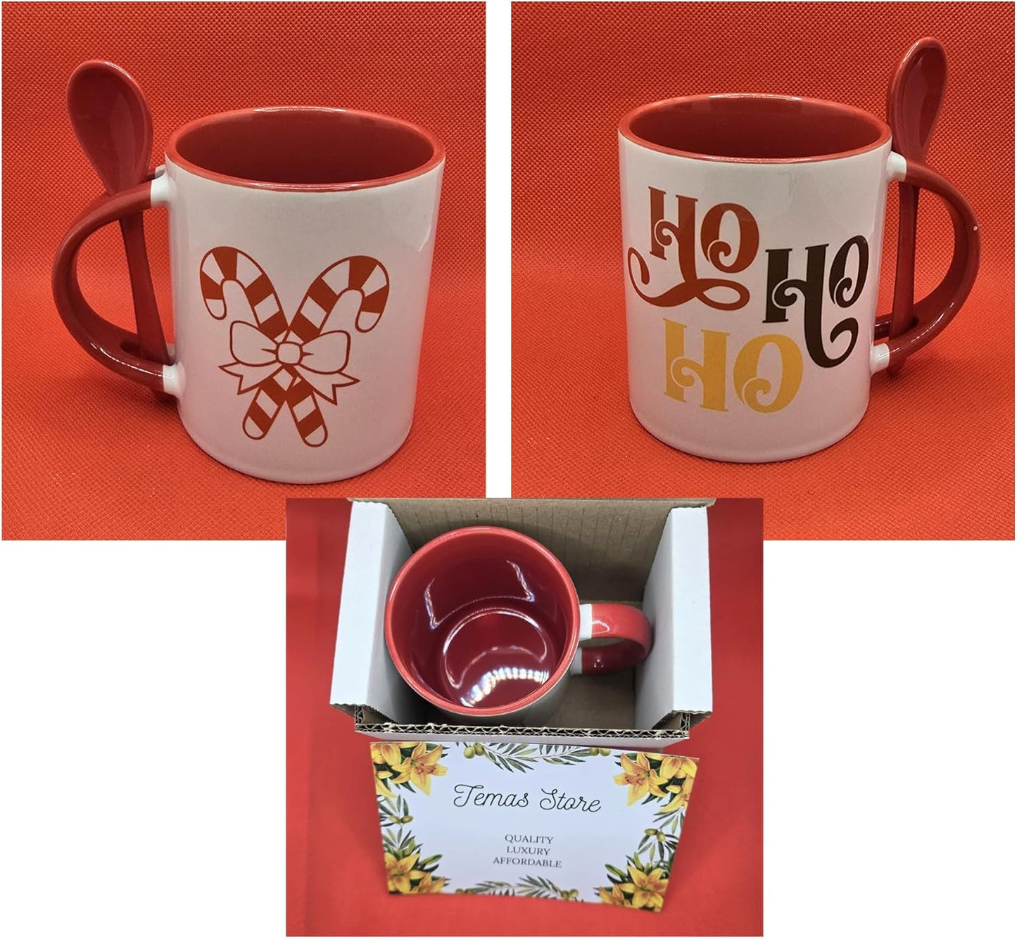 Temas Store 11 Oz Coffee Mug with Spoon | Ceramic Red Handle Coffee Mug Gifts for Women and Men | Two-Tone Mug with Spoon in Handle