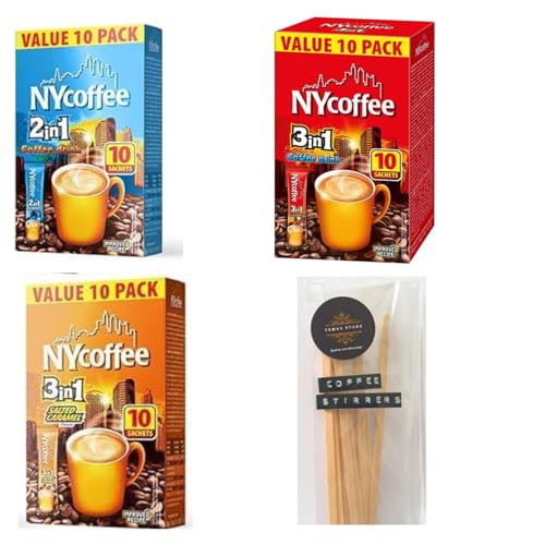 NYCoffee 3 in 1 sachets & NYCoffee 2 in 1|3 Flavours Instant Coffee- Salted Caramel, White Coffee With Sugar & White Coffee Bundled with Temas Store Coffee Stirrers |30 Sachets| Add Hot Water & Stir