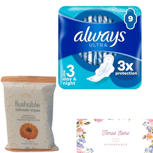 Temas Always - Ultra Day & Night Sanitary (Size 3) Wings Pads, Super Absorbent and Ultra Thin, for Menstrual Periods, Bundled with Flushable Intimate Wipes