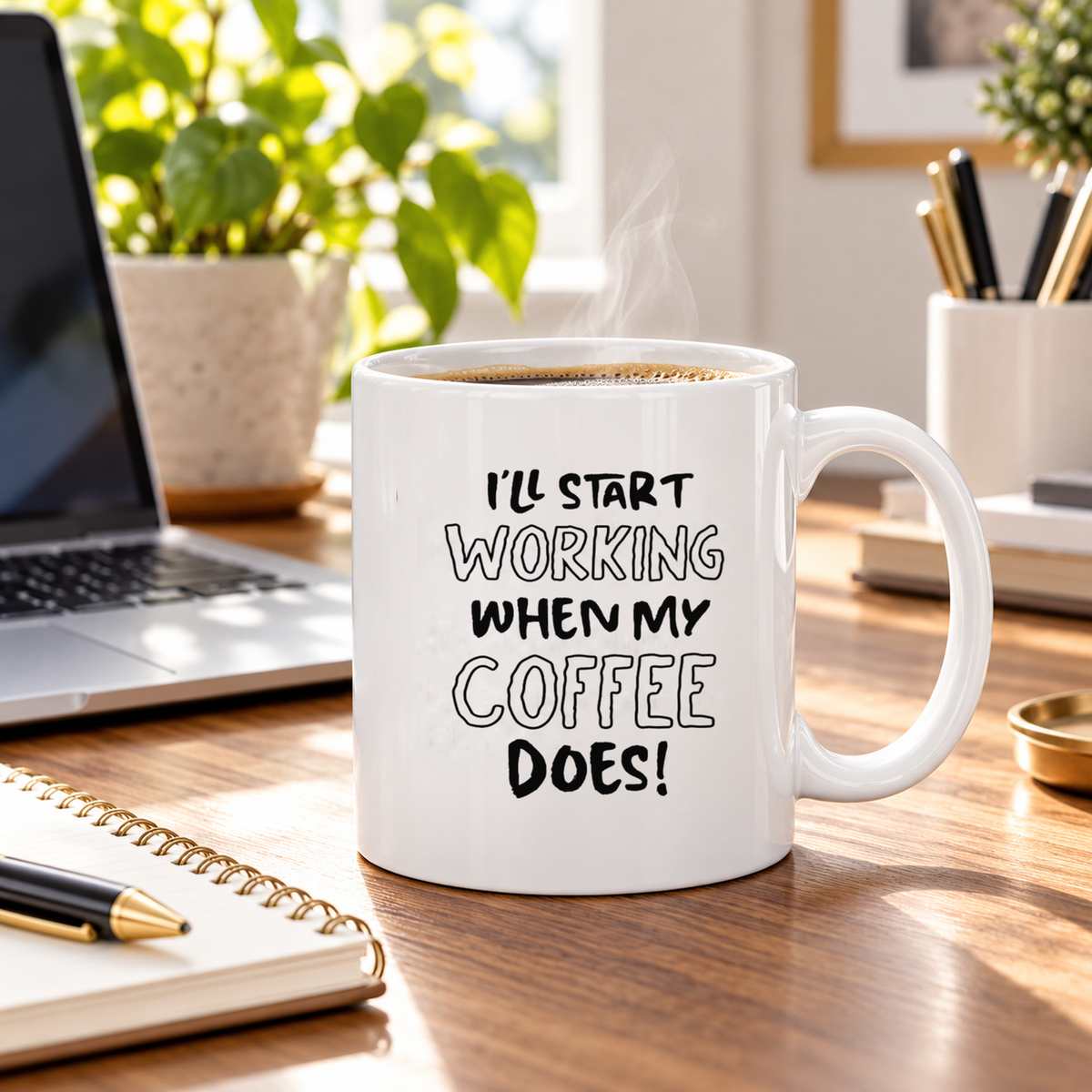 Funny coffee mug on a professional desk with laptop, notebook and coffee