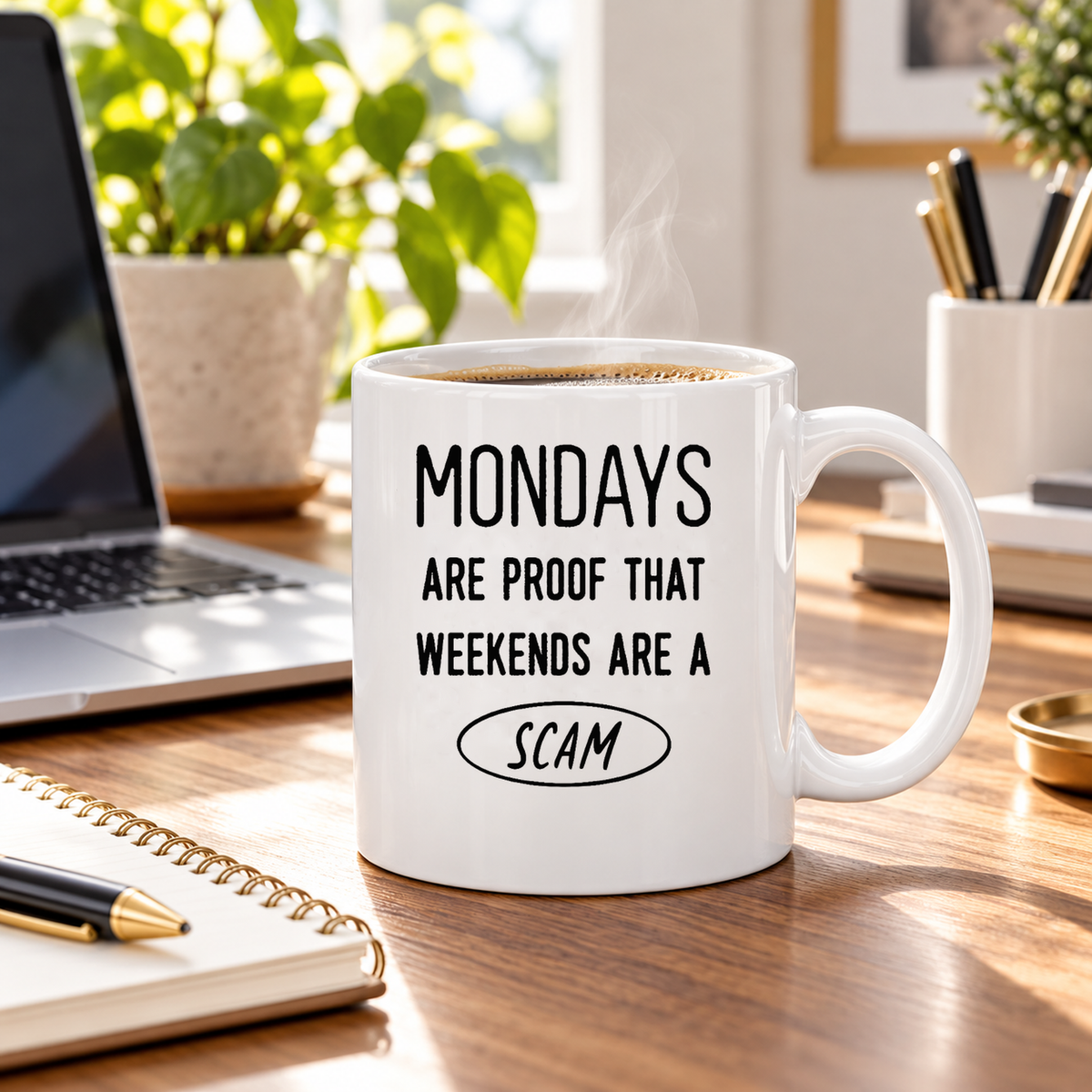 Funny Monday coffee mug on an office desk beside laptop and notebook