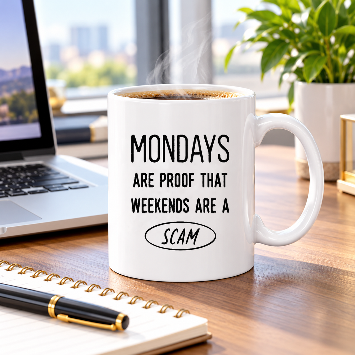 Mondays Are a Scam mug on a bright home office desk