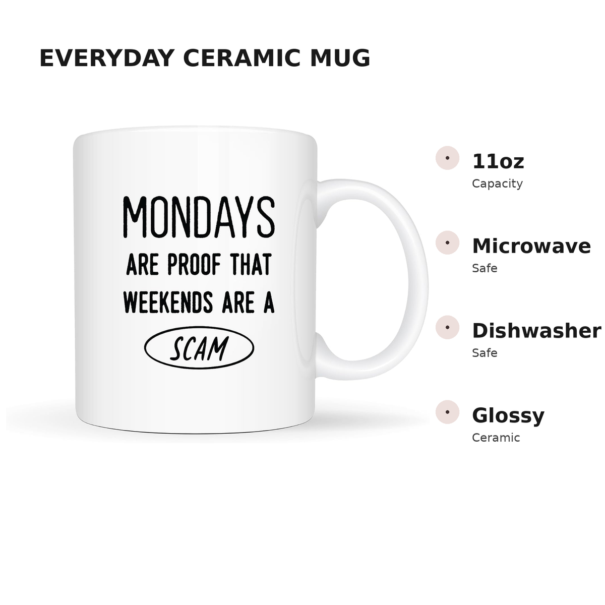 Funny Monday 11oz ceramic mug with microwave and dishwasher safe features