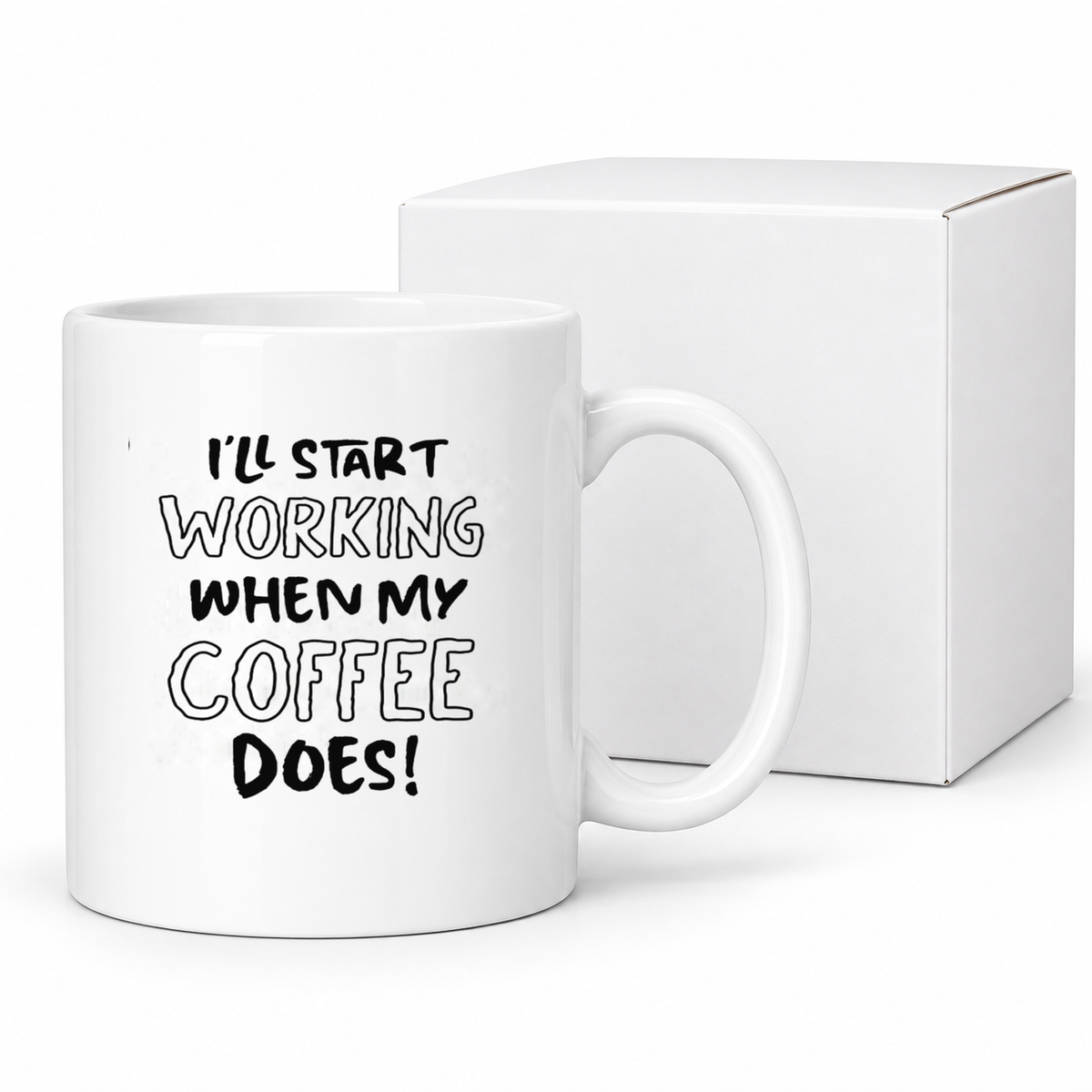 I'll Start Working When My Coffee Does mug beside protective white packaging