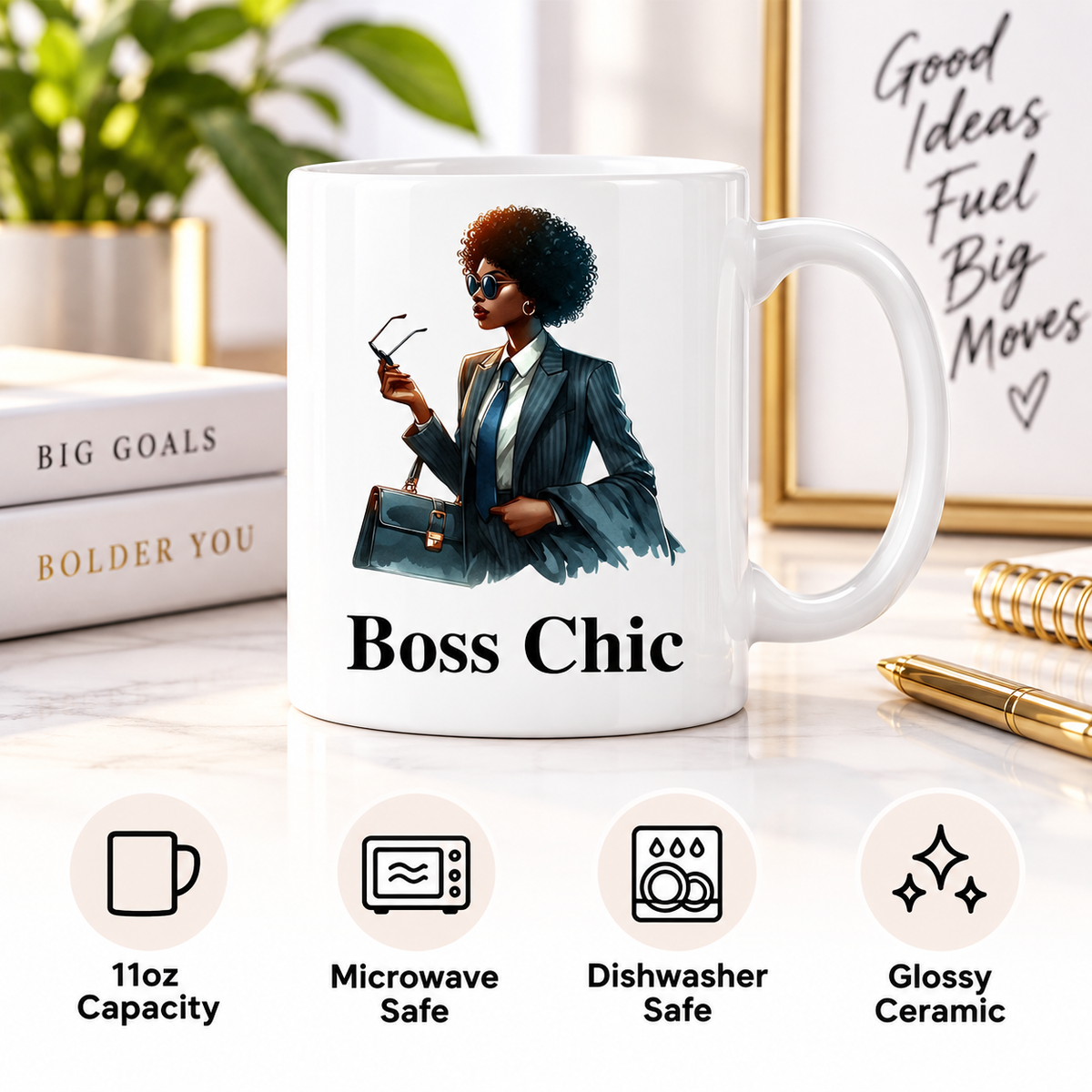 Boss Chic 11oz ceramic mug showing microwave and dishwasher safe features