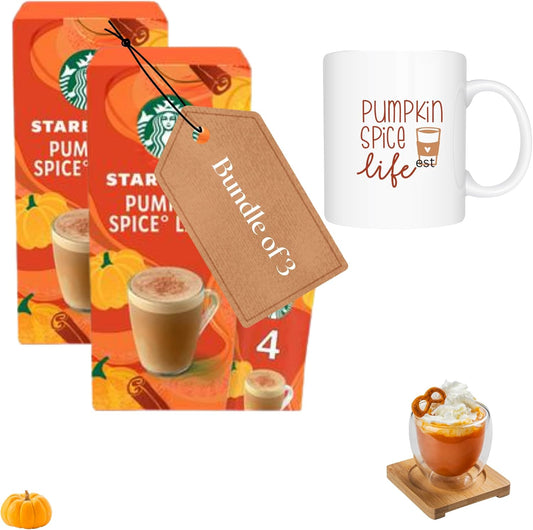 Pumpkin Spice Latte Sachets & Ceramic Mug Gift Set – 2 x 4 Coffee Sachets with Fall-Themed Pumpkin Mug – Autumn Coffee Bundle, Seasonal Gift for Her, Thanksgiving, Cozy Treat