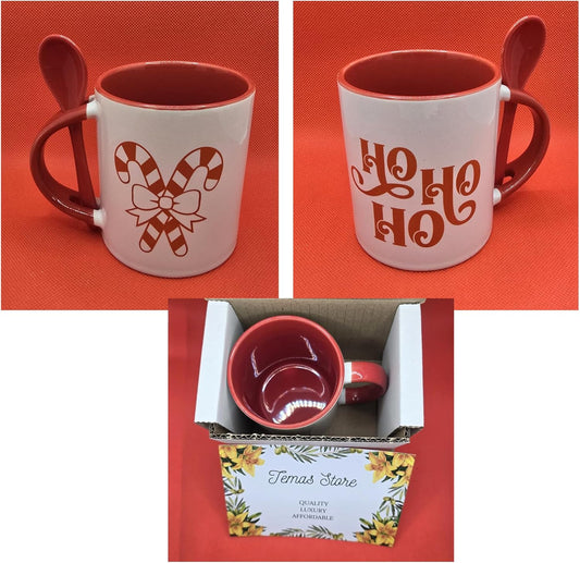 Temas Store 11 Oz Coffee Mug with Spoon | Ceramic Red Handle Coffee Mug Gifts for Women and Men | Two-Tone Mug with Spoon in Handle