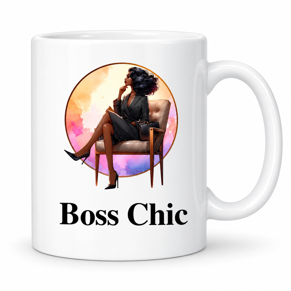 Boss Chic Leg Sun 11oz white ceramic mug with seated career woman design