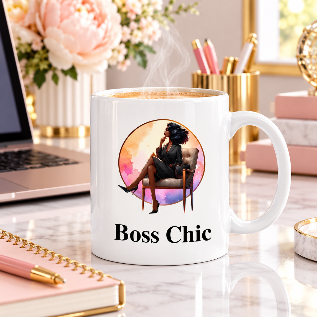 Boss Chic Leg Sun 11oz mug with coffee in a bright home office workspace