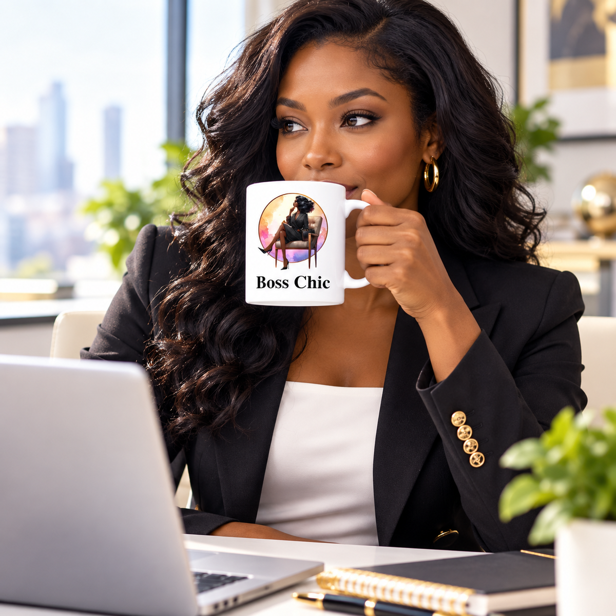 Professional woman holding Boss Chic Leg Sun ceramic mug in a modern office