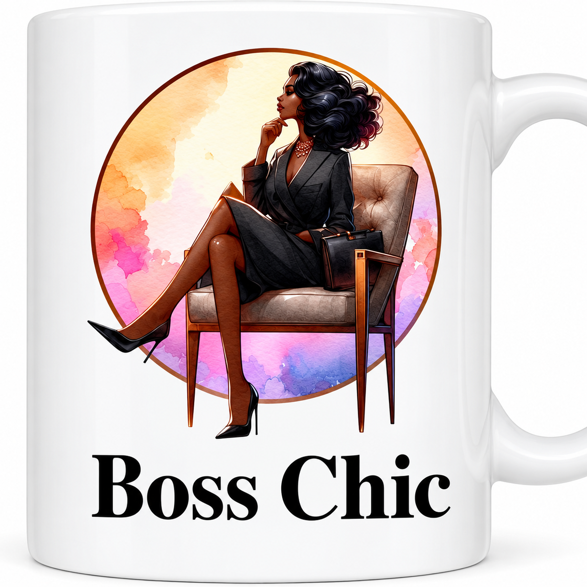 Close-up of Boss Chic Leg Sun mug featuring seated career woman artwork
