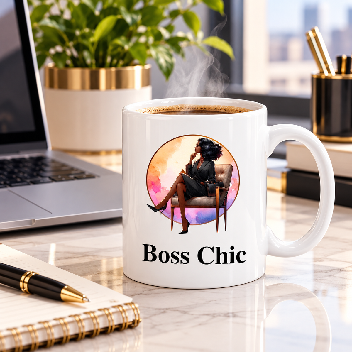 Boss Chic Leg Sun ceramic mug on a modern office desk beside laptop and notebook