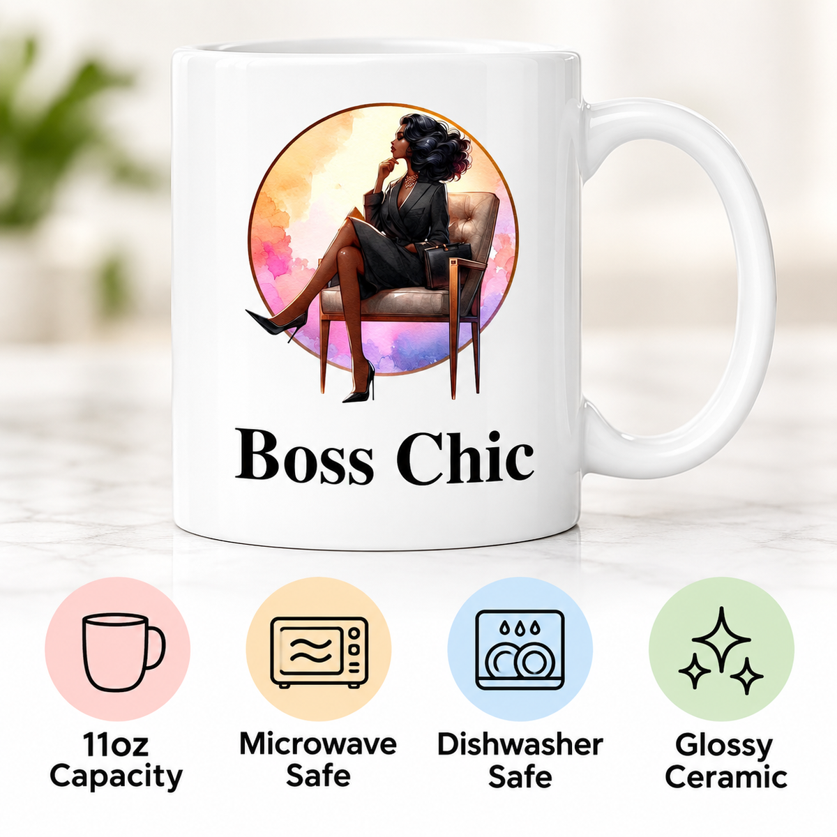 Boss Chic Leg Sun 11oz ceramic mug showing microwave and dishwasher safe features