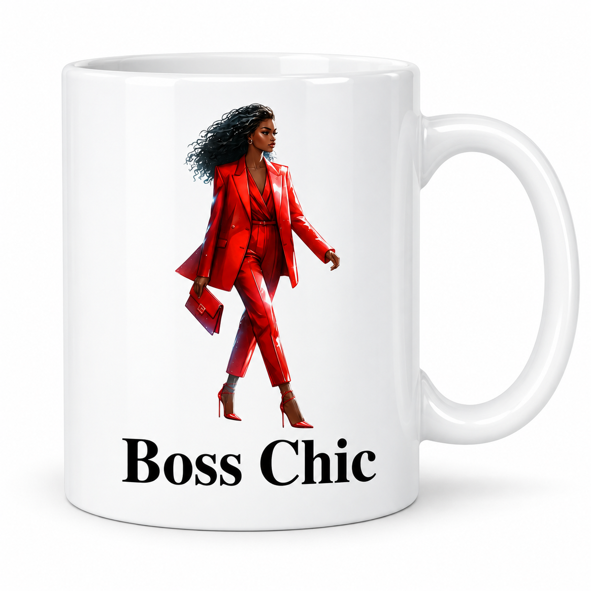 Boss Chic Red Glam 11oz white ceramic mug with stylish woman in red suit design