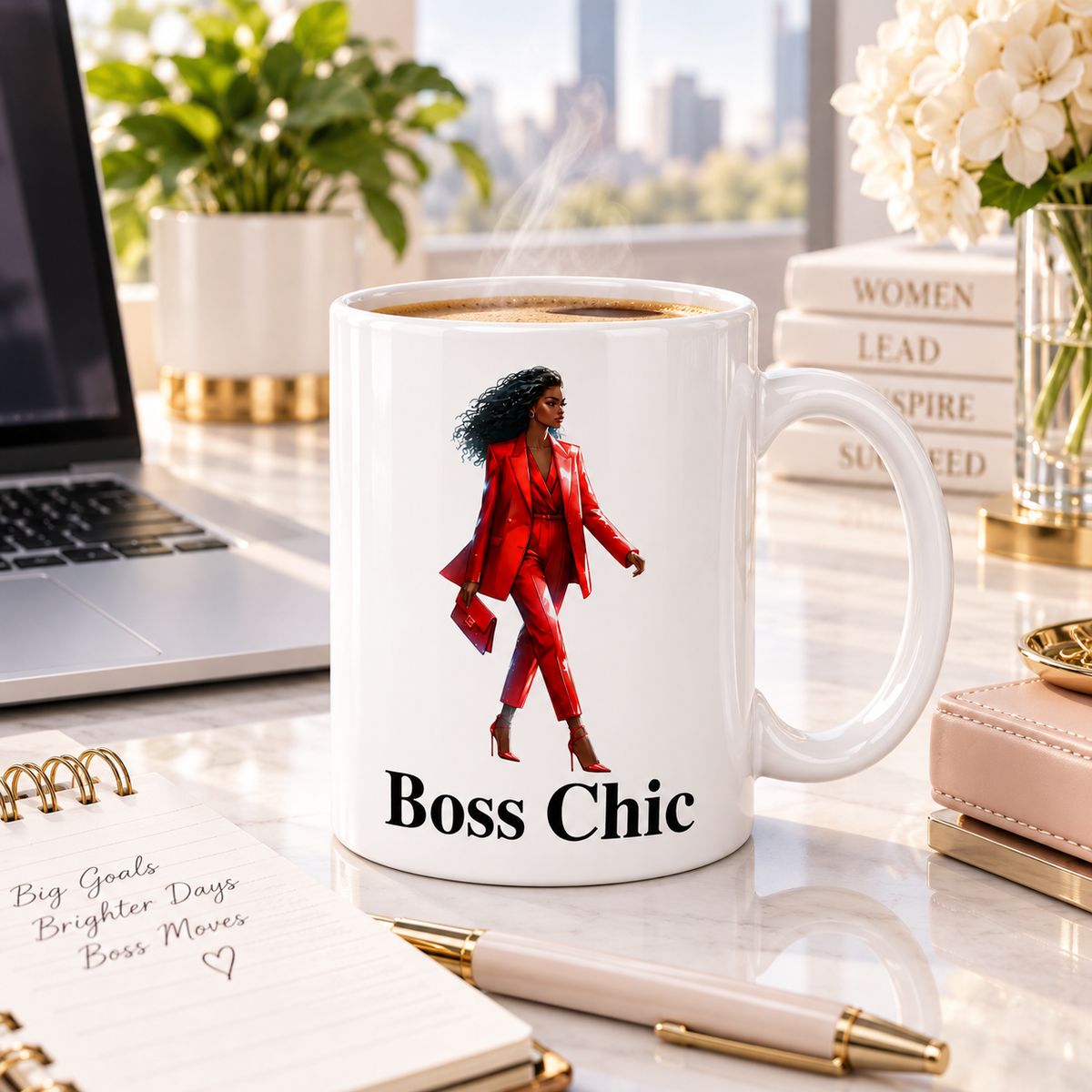 Boss Chic Red Glam ceramic mug on a stylish office desk beside laptop and notebook