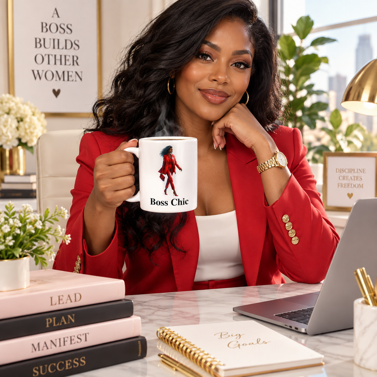 Professional woman holding Boss Chic Red Glam ceramic mug in a modern office