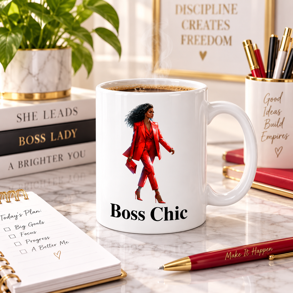 Boss Chic Red Glam 11oz mug with coffee in a bright home office workspace