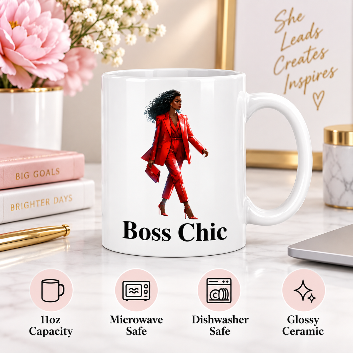 Boss Chic Red Glam 11oz ceramic mug showing microwave and dishwasher safe features
