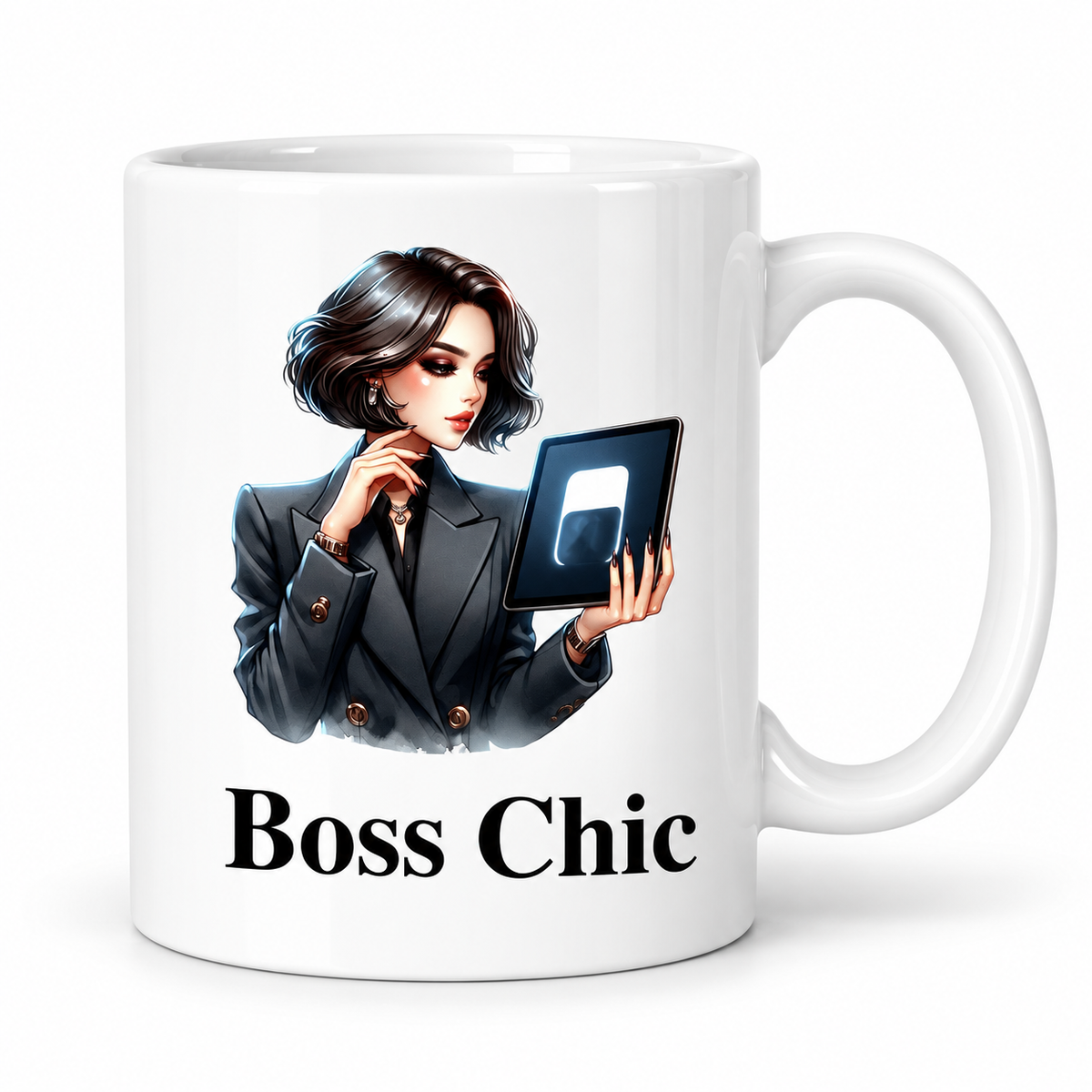 Boss Chic Tablet 11oz white ceramic mug with stylish woman and tablet design