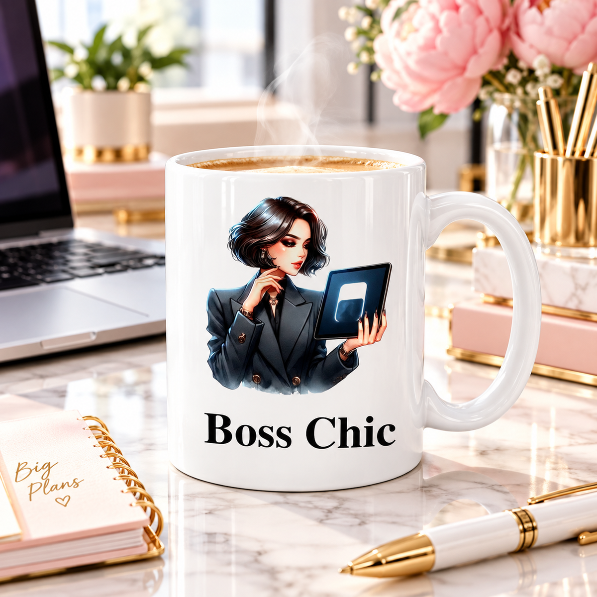 Boss Chic Tablet ceramic mug on an office desk beside laptop and notebook