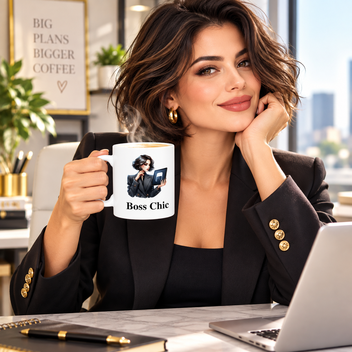 Professional woman holding Boss Chic Tablet ceramic mug in a modern workspace