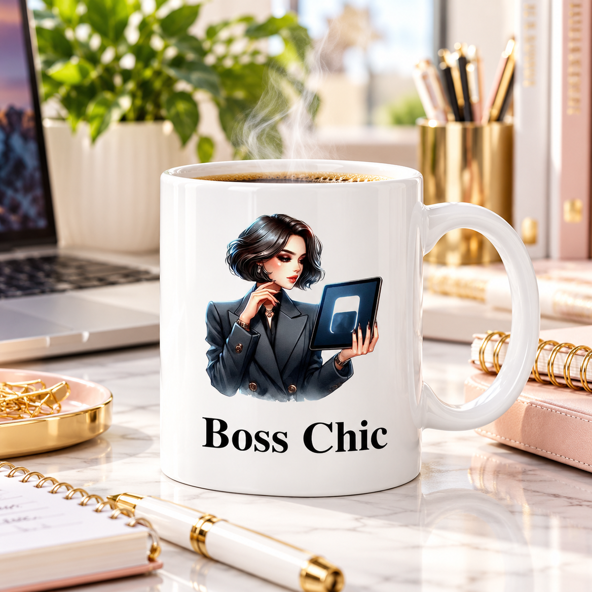 Boss Chic Tablet 11oz mug with coffee in a bright home office setting