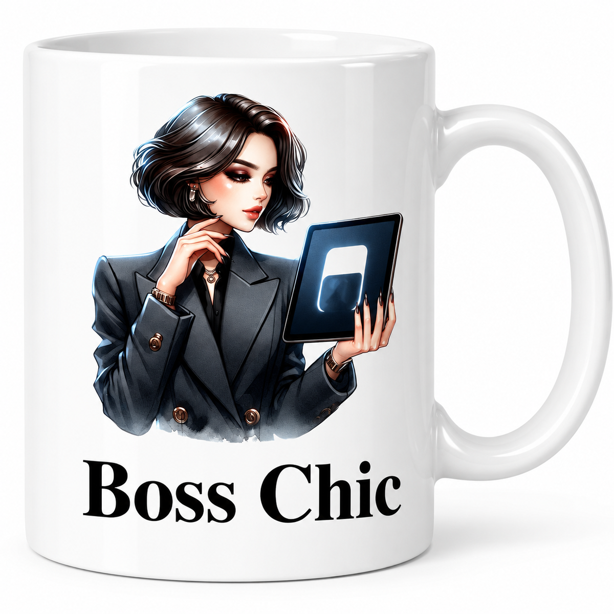 Close-up of Boss Chic Tablet mug featuring woman holding a tablet