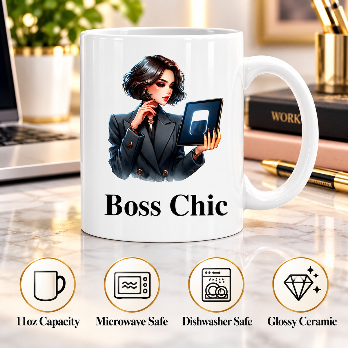 Boss Chic Tablet 11oz ceramic mug showing microwave and dishwasher safe features