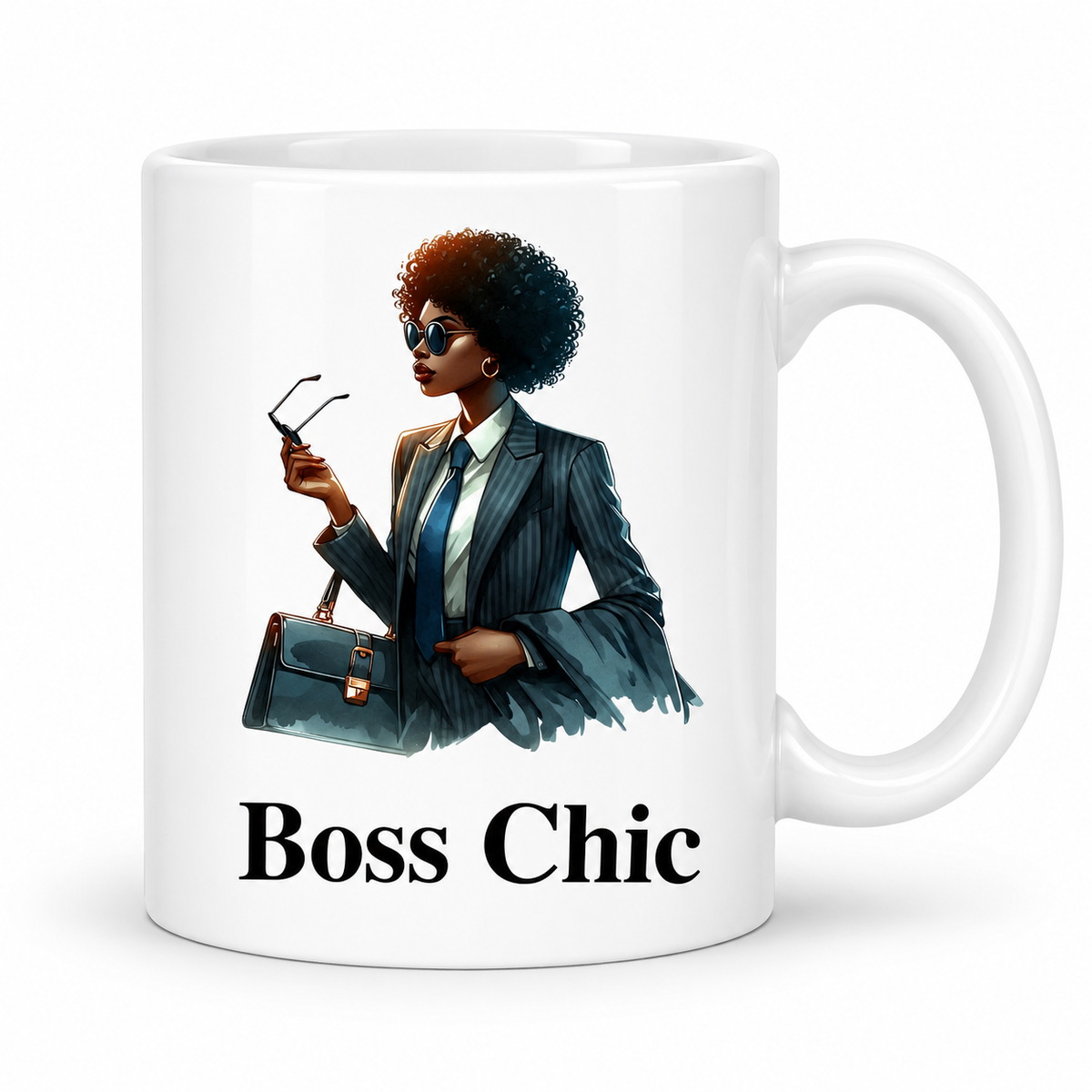 Boss Chic 11oz white ceramic mug with career woman illustration