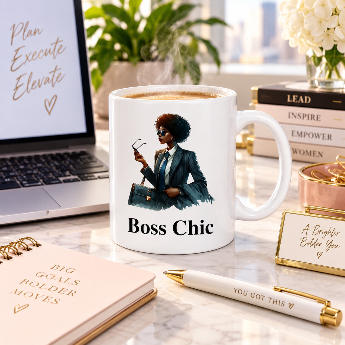Boss Chic ceramic mug on a stylish office desk beside laptop and notebook
