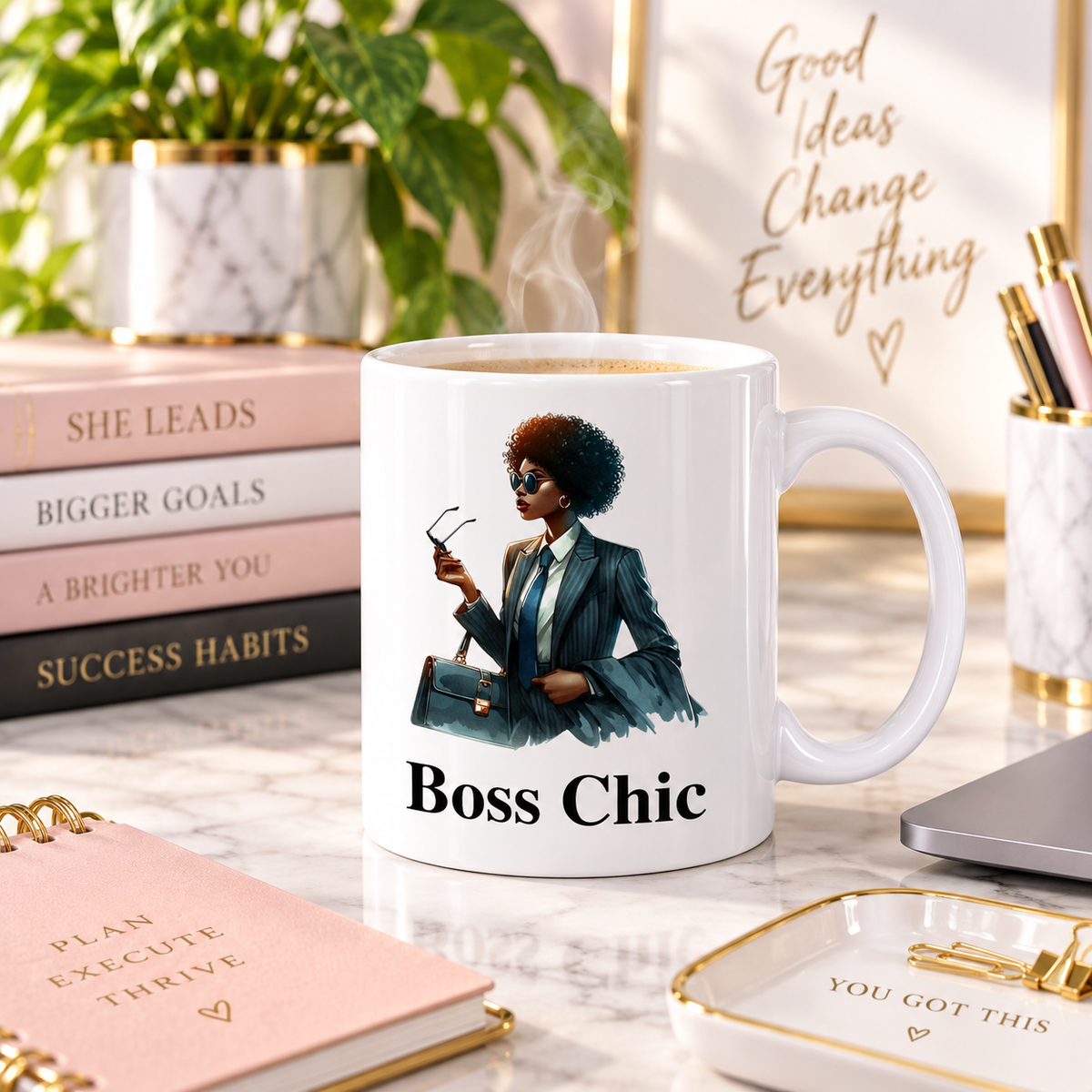 Boss Chic 11oz mug with coffee in a bright home office workspace