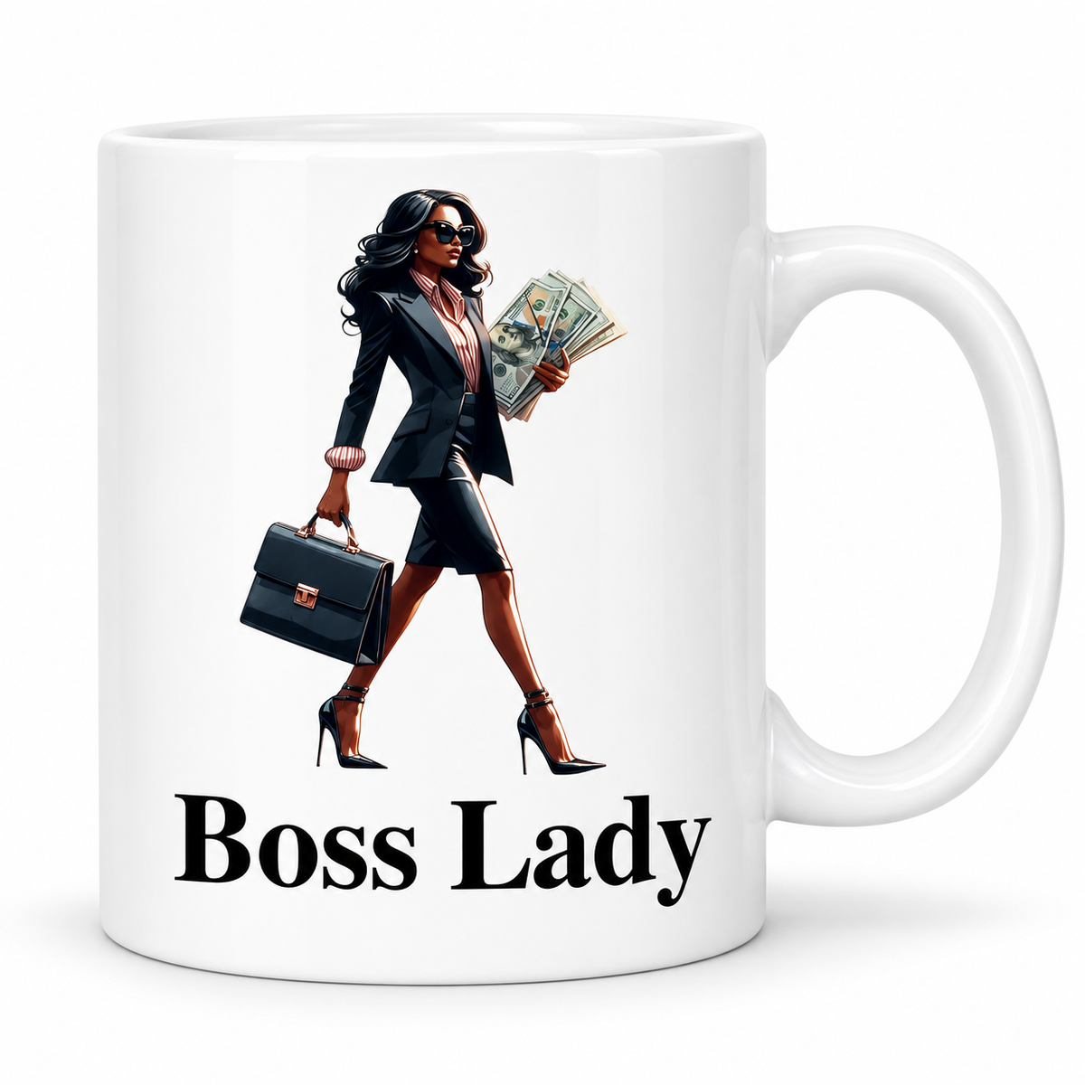 Boss Lady Money 11oz white ceramic mug with stylish businesswoman design
