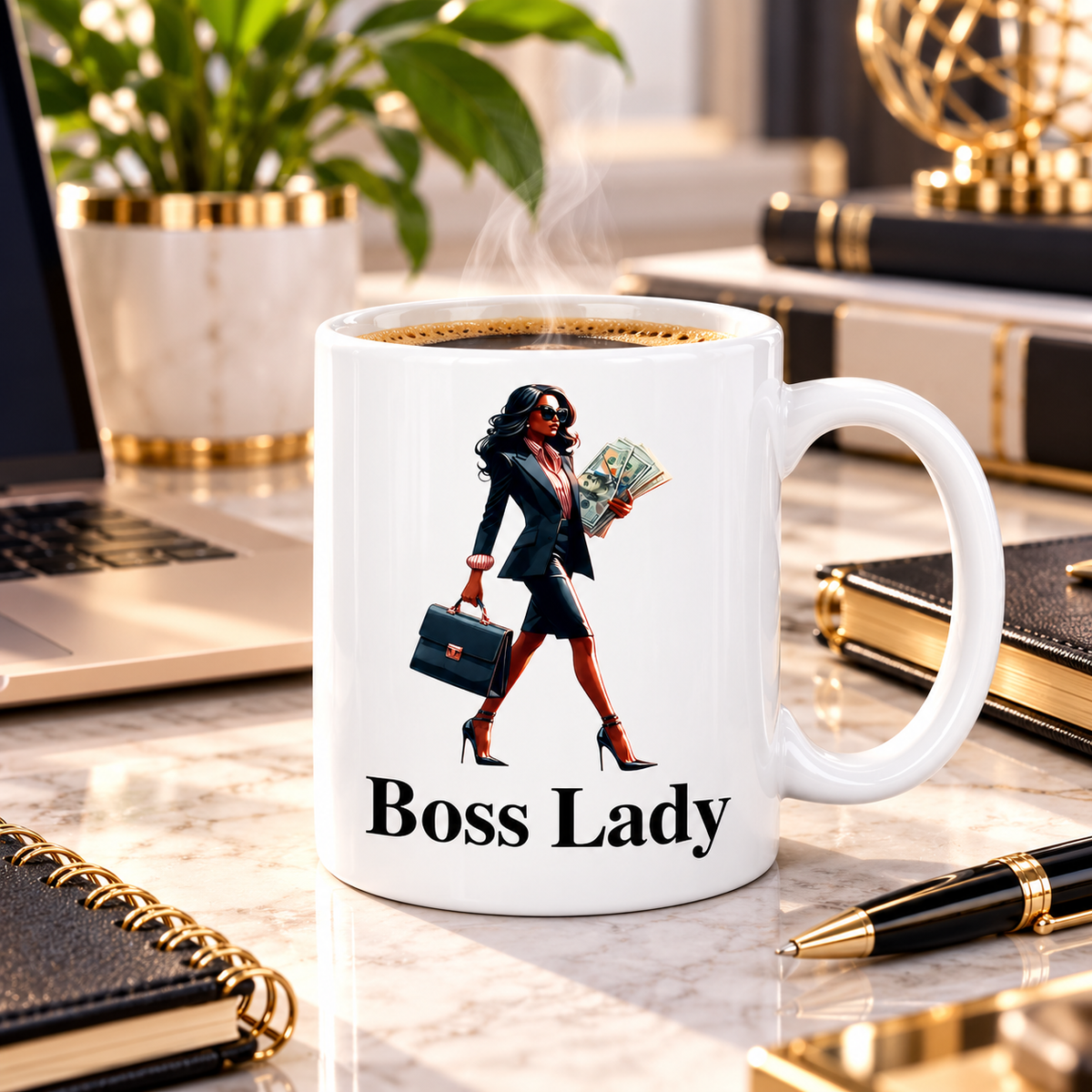 Boss Lady Money ceramic mug on a stylish office desk beside laptop and notebook