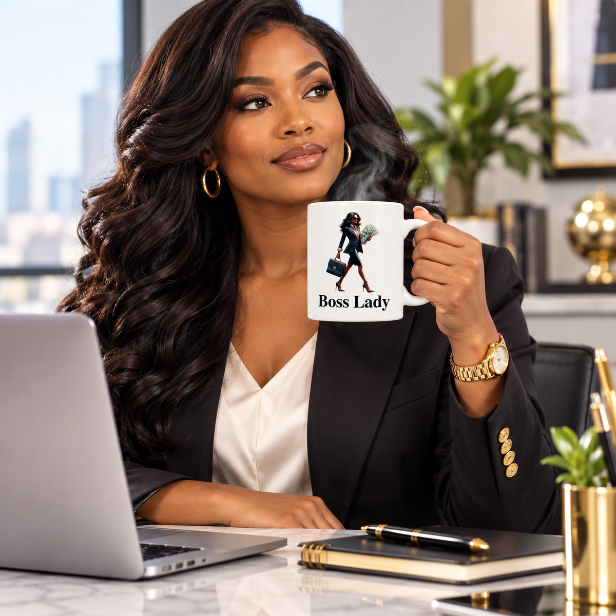 Professional woman holding Boss Lady Money ceramic mug in a modern office