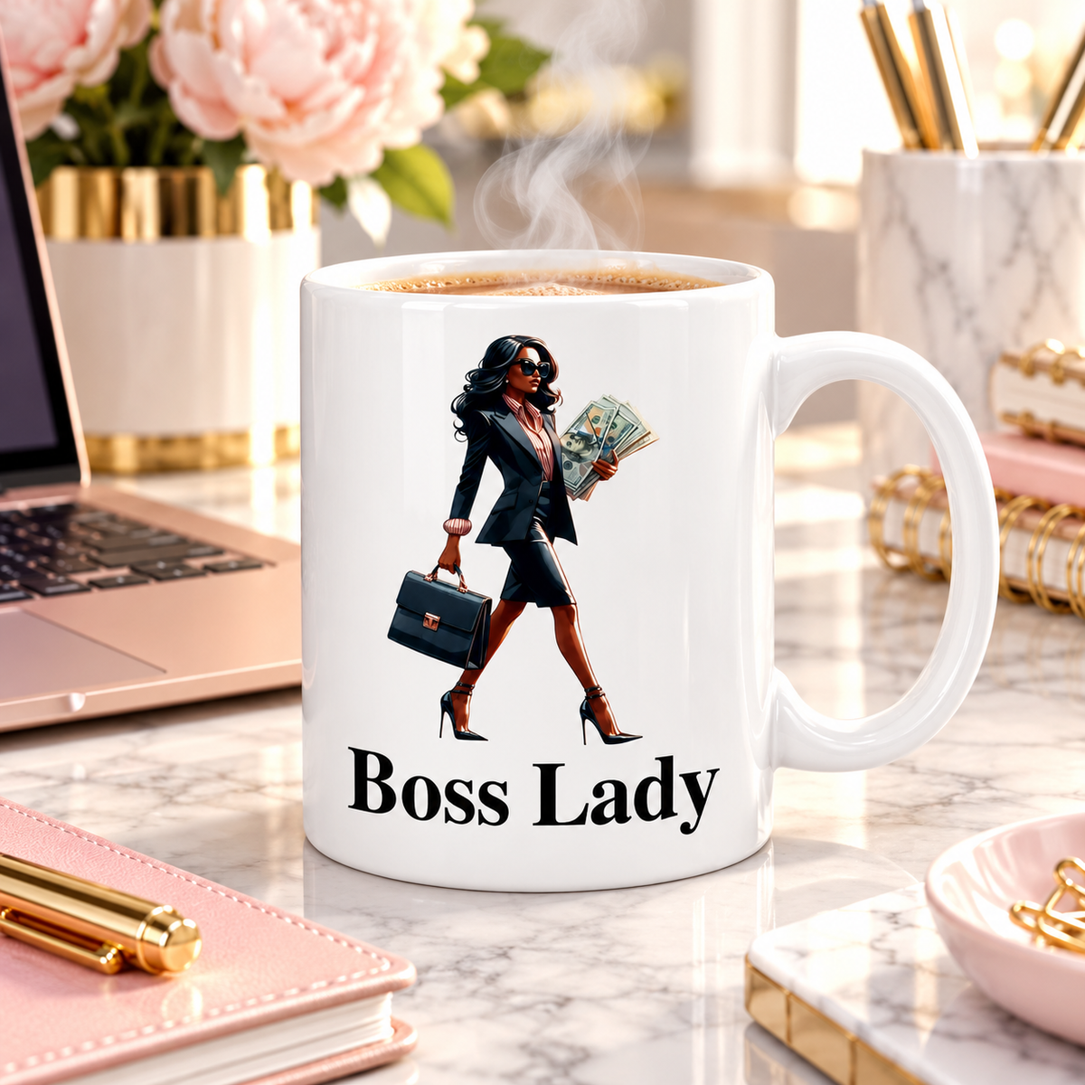 Boss Lady Money 11oz mug with coffee in a bright home office workspace