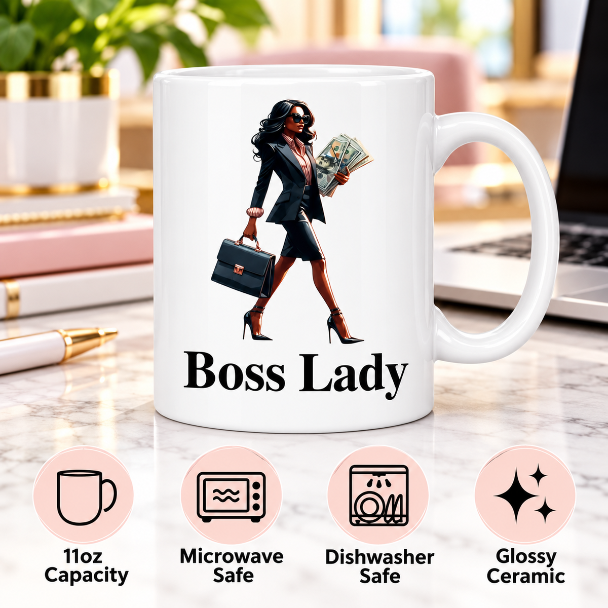 Boss Lady Money 11oz ceramic mug showing microwave and dishwasher safe features