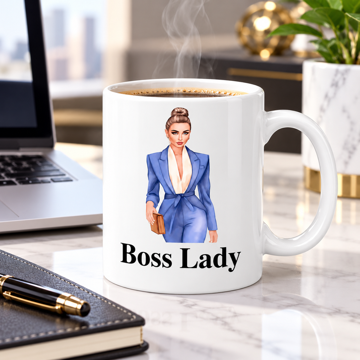 Boss Lady Hair Bun ceramic mug on a modern office desk beside laptop and notebook