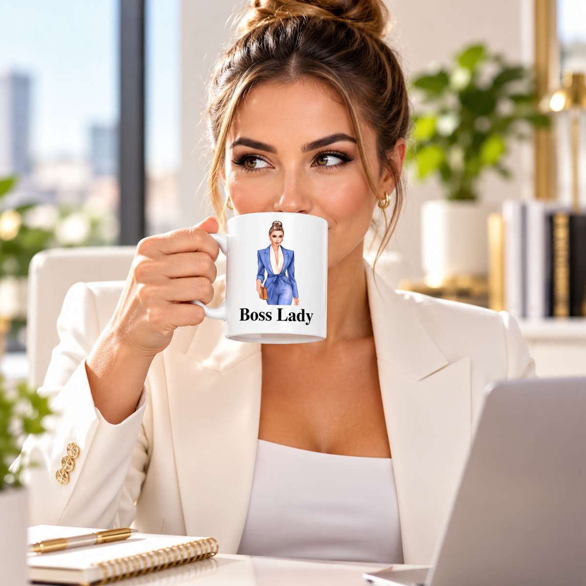 Professional woman holding Boss Lady Hair Bun ceramic mug in a modern office