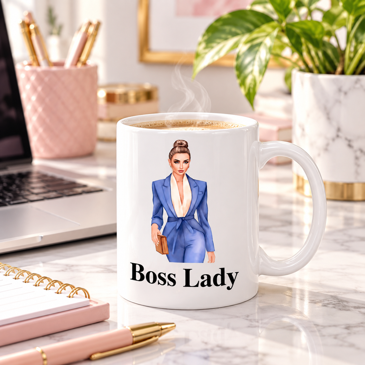 Boss Lady Hair Bun 11oz mug with coffee in a bright home office workspace