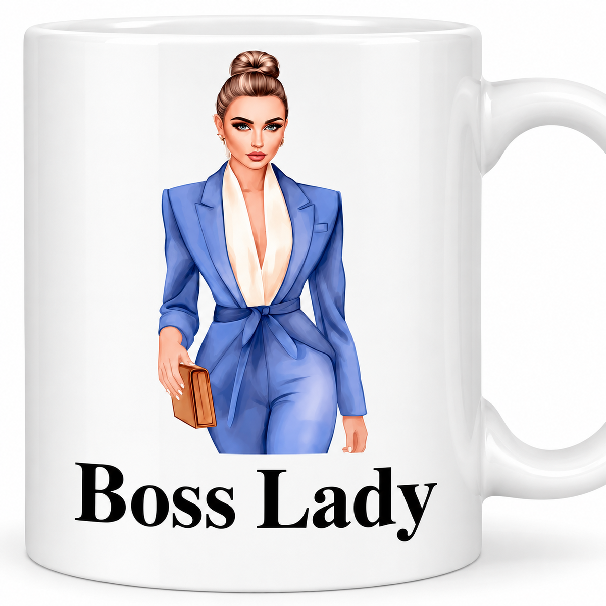 Close-up of Boss Lady Hair Bun mug featuring woman in blue outfit artwork