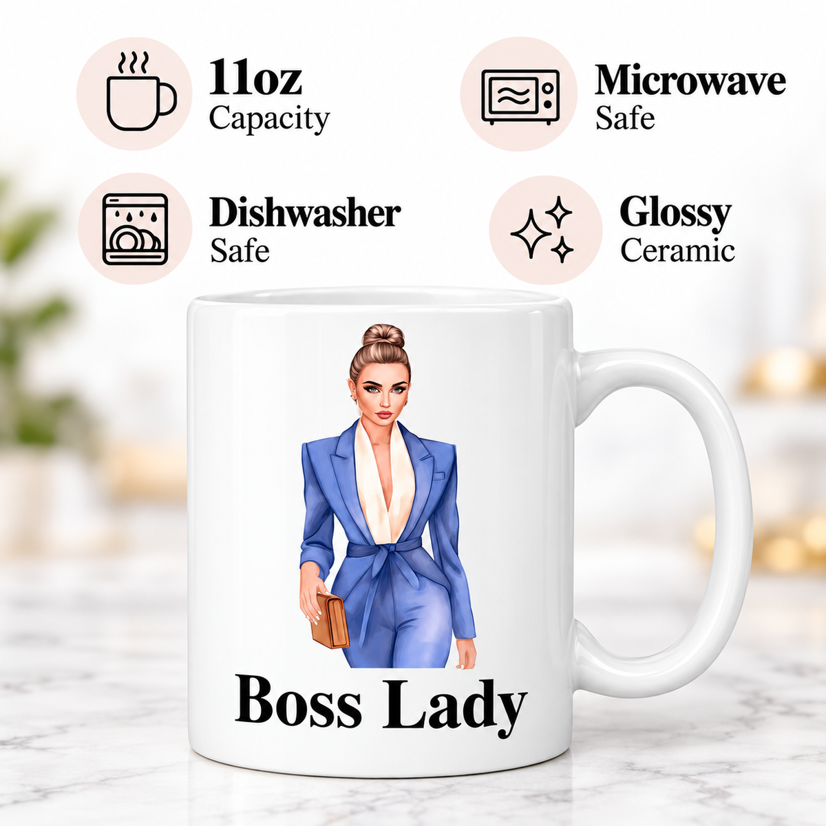 Boss Lady Hair Bun 11oz ceramic mug showing microwave and dishwasher safe features