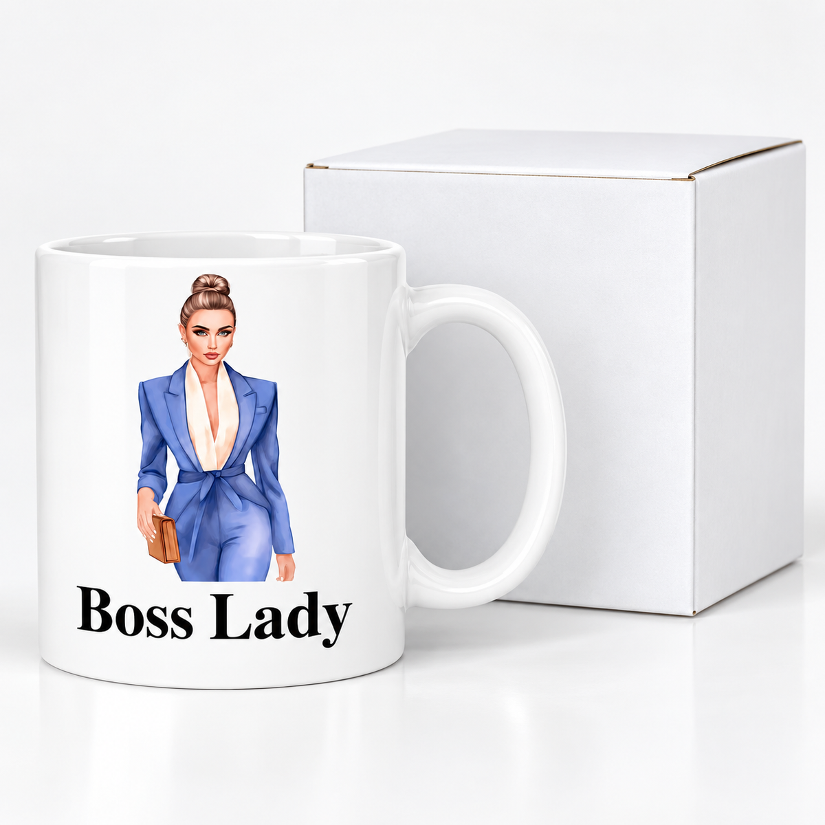 Boss Lady Hair Bun ceramic mug with protective white presentation box