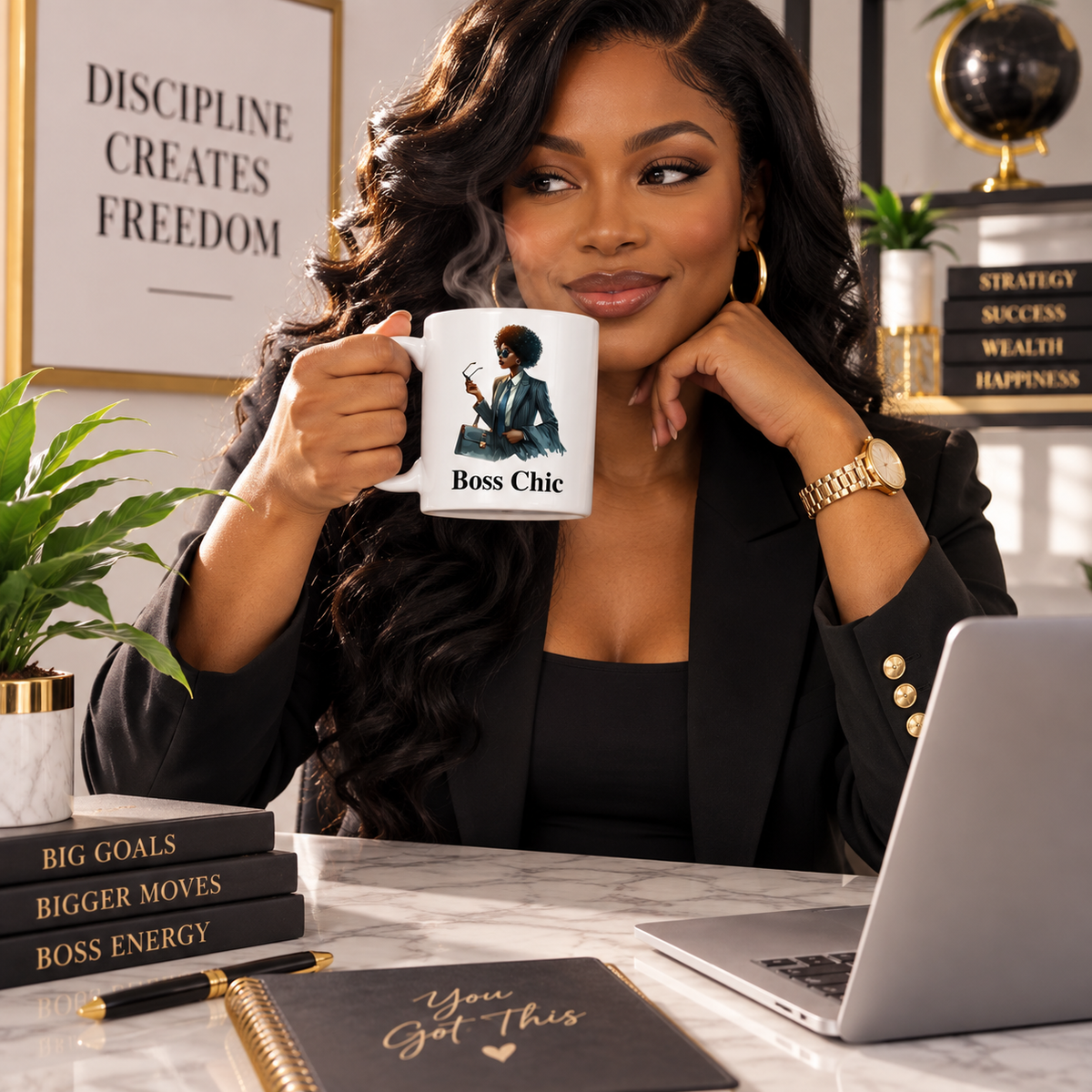 Professional woman holding Boss Chic ceramic mug in a modern office