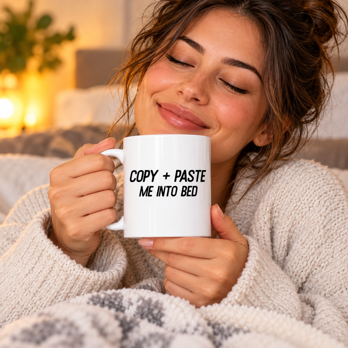 Person holding Copy and Paste Me Into Bed ceramic mug in a comfort setting