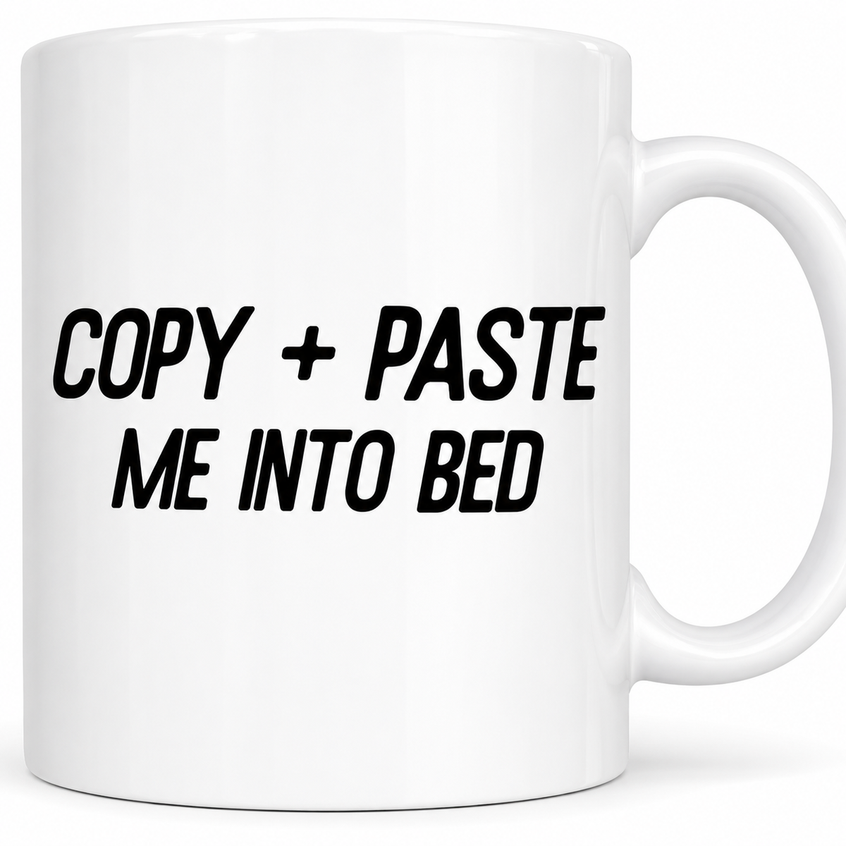 Close-up of Copy and Paste Me Into Bed mug showing bold black text quote