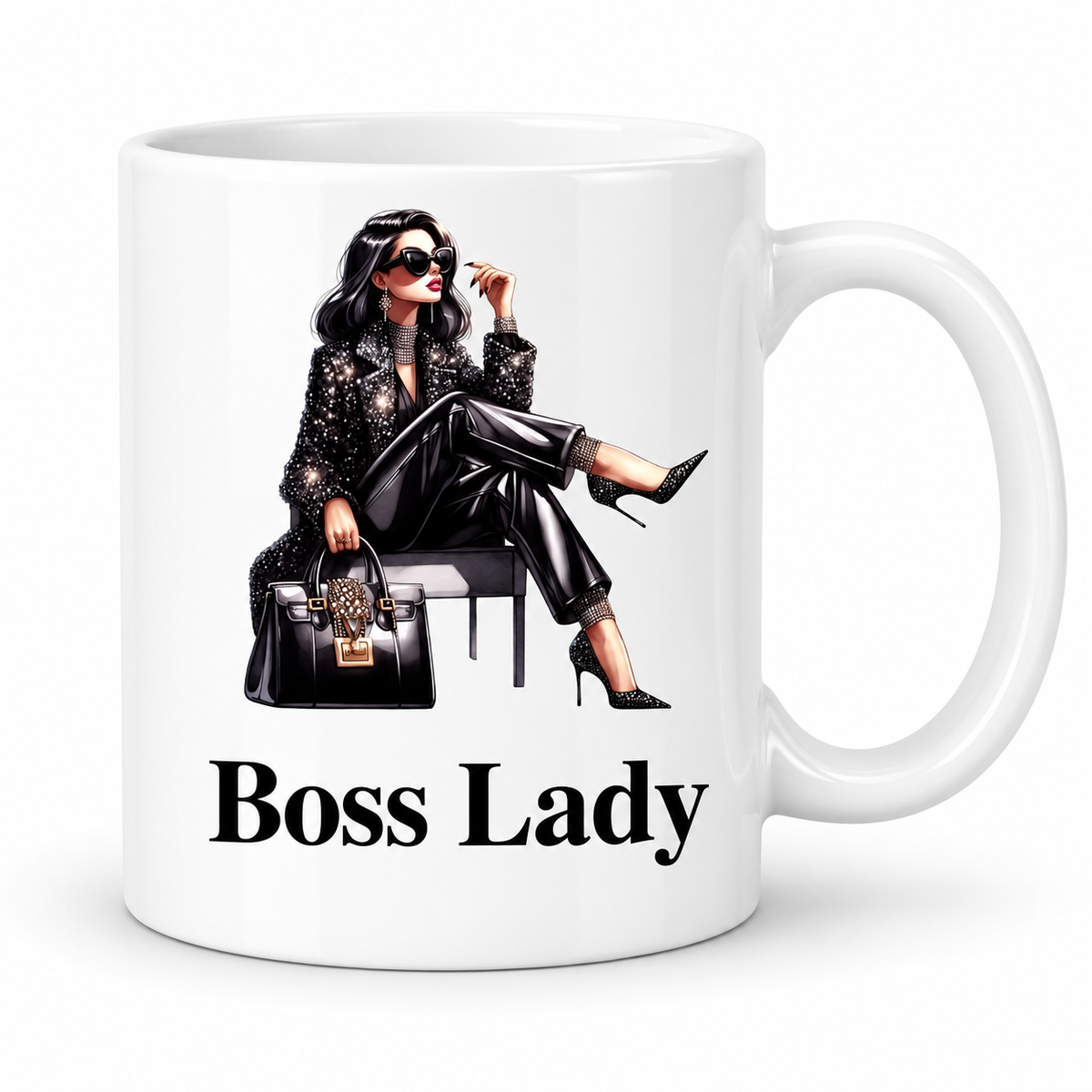 Boss Lady Cross Leg 11oz white ceramic mug with seated fashion woman design