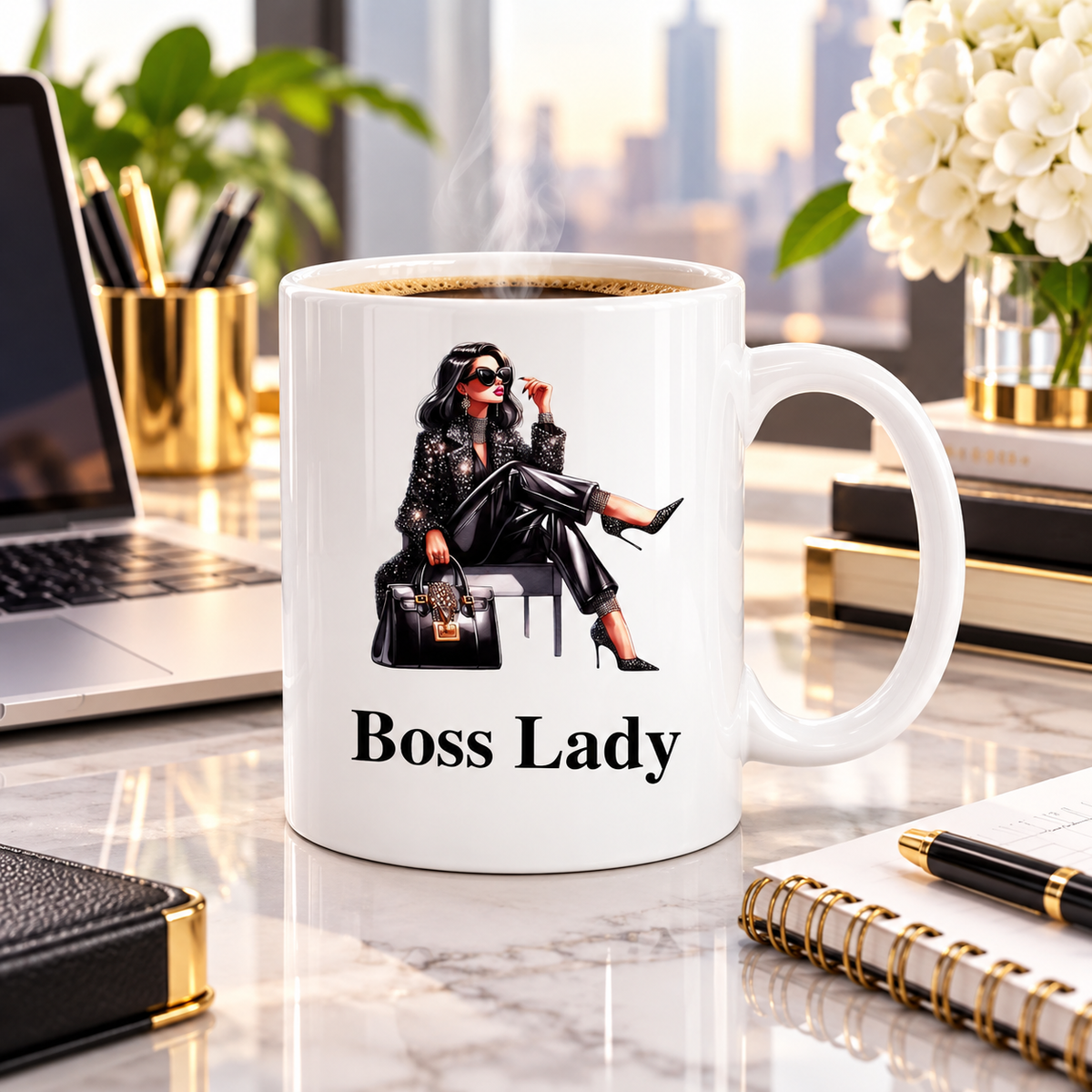 Boss Lady Cross Leg ceramic mug on a modern office desk beside laptop and notebook