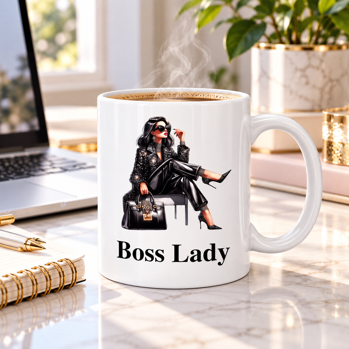 Boss Lady Cross Leg 11oz mug with coffee in a stylish home office workspace