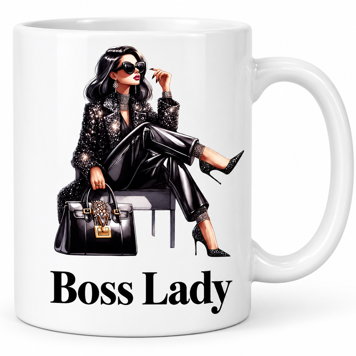 Close-up of Boss Lady mug featuring seated woman with handbag and crossed legs